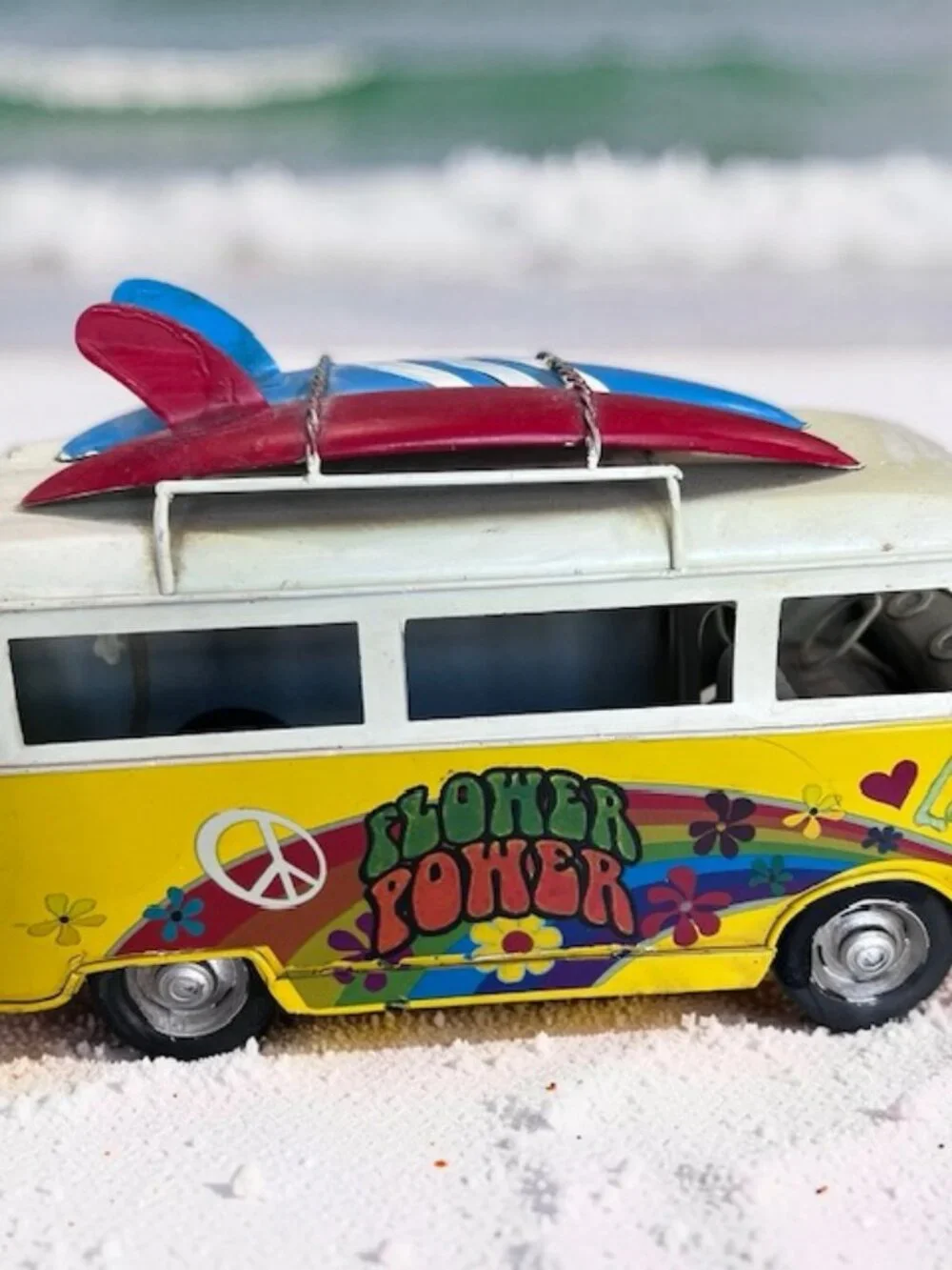 Yellow Tin Vintage Flower Power Hippie Surfer Van Metal VW Camper Decor